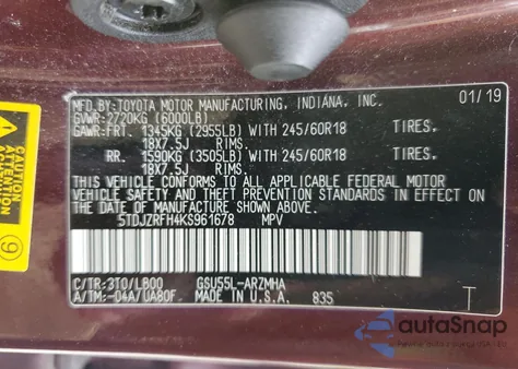 2019 Toyota Highlander Se из США, поврежденный, VIN 5TDJZRFH4KS961678